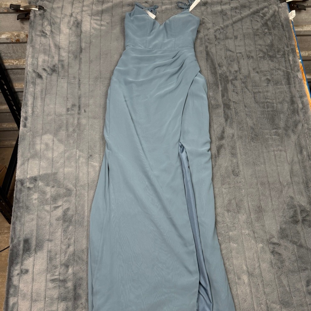 Azazie Womens A0 Dusty Blue Chiffon Sweetheart Maxi Bridesmaid Dress Wrap Slit